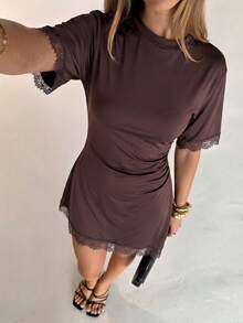 Aloruh Women's Elegant Round Neck Asymmetrical Hem Lace Patchwork Waist-Cinching Short Sleeve Mini Dress - Coffee Brown - View 7
