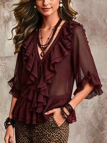 SHEIN Fiorisel Solid Ruffle Trim V-Neck Tie Front Sheer Chiffon Blouse With Flare Sleeves - Burgundy - View 4