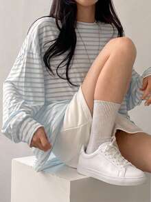 DAZY Striped Print Drop Shoulder Oversized Tee Long Sleeve Women Tops - Blue and White - View 6