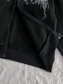 1pc Girls Dark Sweet Cool Style Thickened Hooded Zip-Up Sweatshirt Jacket With Faux Fur Collar, Rhinestone Letter, Fleece Lining, Loose Long Sleeve Sweatshirt Coat For Autumn/Winter - Black - View 5