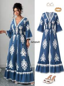 Elenzga Plus Size Blue & White Elegant Fitted Shirred Print Cinched Waist Jumpsuit Fall - Blue and White - View 7
