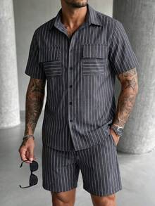 SLATEMANN 男士度假休閒條紋襯衫短褲套裝 - 黑色 - 查看 3
