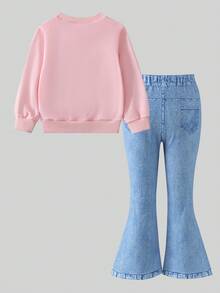 SHEIN Girlss 卡通女團印花衛衣與丹寧效果寬腿褲 2 件套 秋季寬鬆長袖圓領衛衣，附彩色 Q-Versi - 粉色 - 查看 2