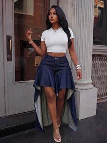 Slaydiva Women's Designer Button Pocket Front Short Back Long Denim Jeans - Blue - View 5