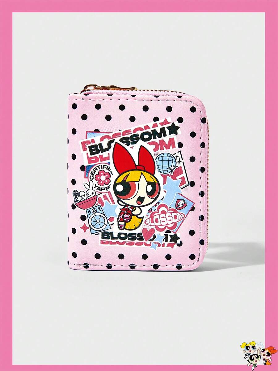 THE POWERPUFF GIRLS X SHEIN 1件裝 波點粉色小女警圖案簡約風拉鍊零錢包,適合女性 - 多色A1 - 查看 1
