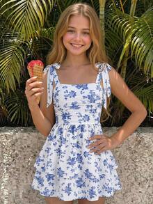 SHEIN Tween Girl French Style White And Blue Floral Mesh Dress,Summer Modest Holiday Picnic Spaghetti Strap Bow Ruched Waist A-Line Layered Ruffle Garden - Blue - View 1