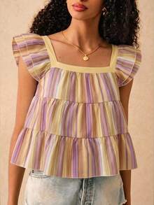 SHEIN Frenchy Women's Casual Striped Ruffle Collar Blouse, Summer,Summer Top Elegant - Multicolor - View 4