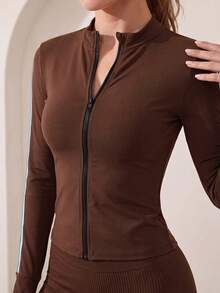 Easithlete Contrast Color Striped Slim Fit Sports Jacket - Coffee Brown - View 1
