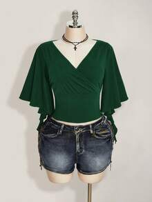 SHEIN ICON 女款大尺碼交叉V領荷葉袖時尚T恤 - 墨綠色 - 查看 3