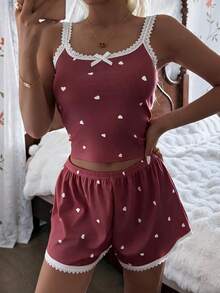 CottageSlumber Women's Pink Heart & Ribbed Lace Silk Camisole Shorts Pajama Set - Burgundy - View 3