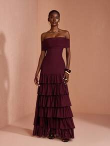 JIAN LASALA Mesh Off Shoulder Layered Sleeve Women Boho Dress Vacation Casual Holiday - Burgundy - View 4