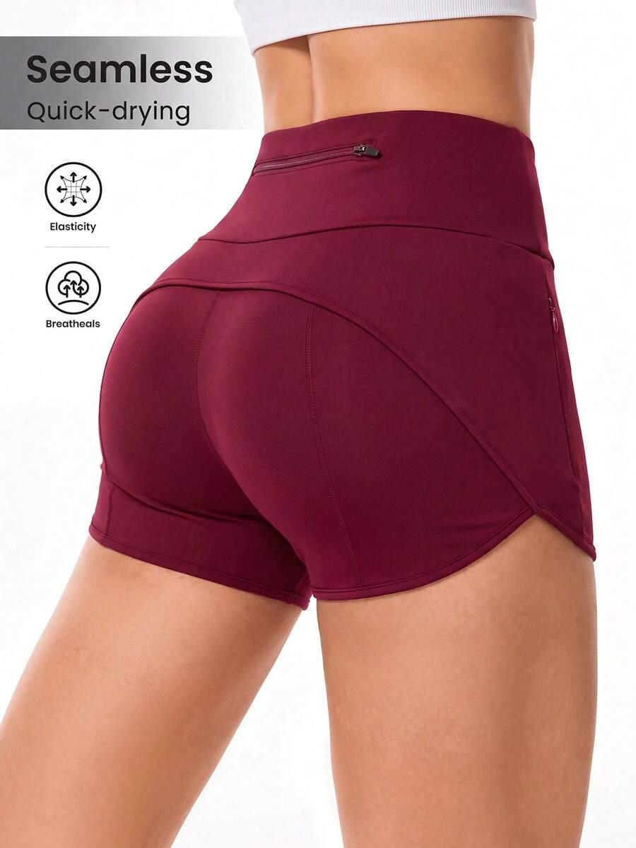 Slayform 1pc Burgundy High Waist Double Layer Women's Sports Shorts, With Zipper Pocket, Slim Fit, Suitable For Running Workout Summer - Burgundy - View 1