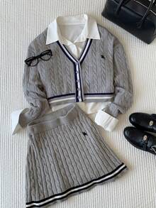 Comfortcana 女款馬術刺繡對比色粗針編織迷你裙 - 灰色 - 查看 7