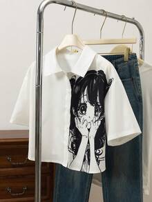 SHEIN 青少年女孩黑白格紋字母印花短袖上衣，襯衫領，落肩設計，低領口，女孩格紋字母印花短袖上衣，適合日常穿著、外出，春夏季 - 白色 - 查看 4
