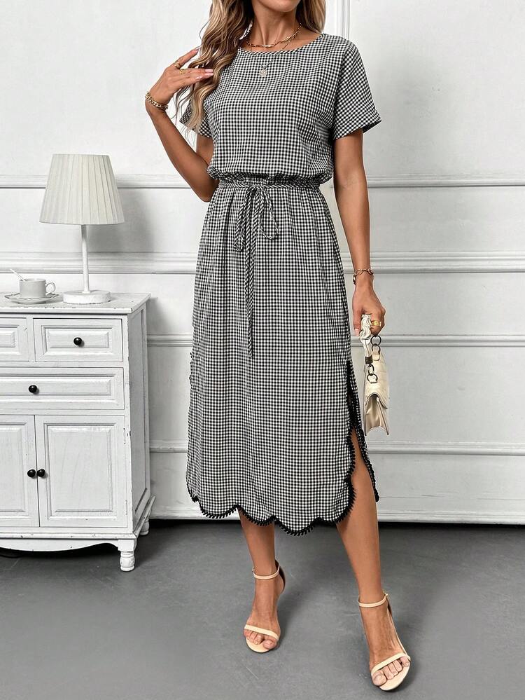 SHEIN Clasi Black And White Checkered Gingham Plaid Casual 70s 2000s Vintage Round Neck Short Sleeve Fitted Mid-Length Dress Summer Vacation Travel - Multicolor - View 4