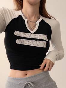 DAZY Women's Letter Pattern Colorblock Casual Everyday Long Sleeve T-Shirt - Black and White - View 8