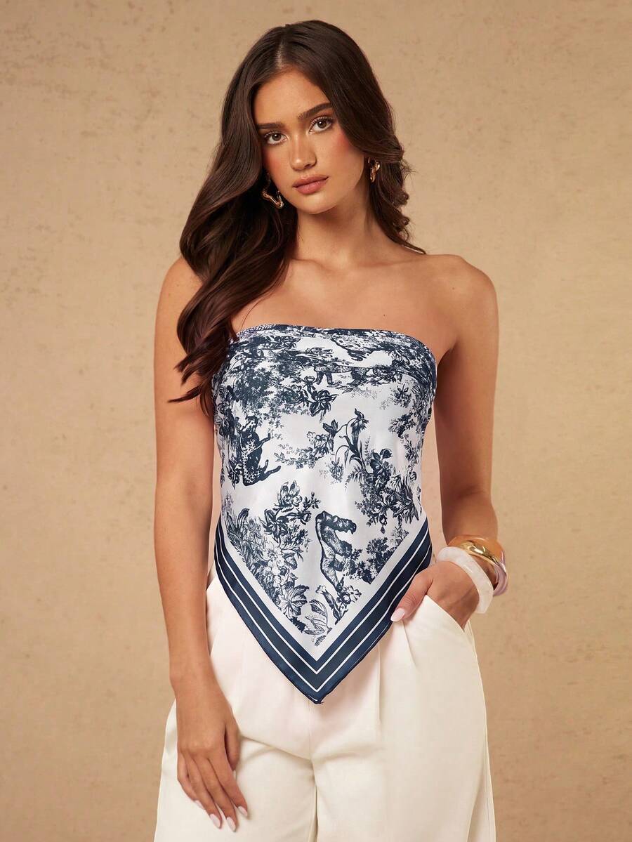 Silquee Pañuelo cuadrado de satén para mujer con estampado posicionado, primavera/verano - Multicolor - Ver 1