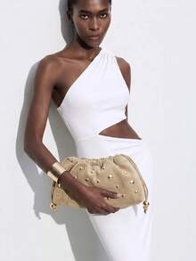 Maija Ladies Fashionable Elegant Simple Personalized Gold Rivet Khaki Suede Pumped Rope Clutch Bag, Daily Commuter Dating Party Afternoon Tea - Khaki - View 1
