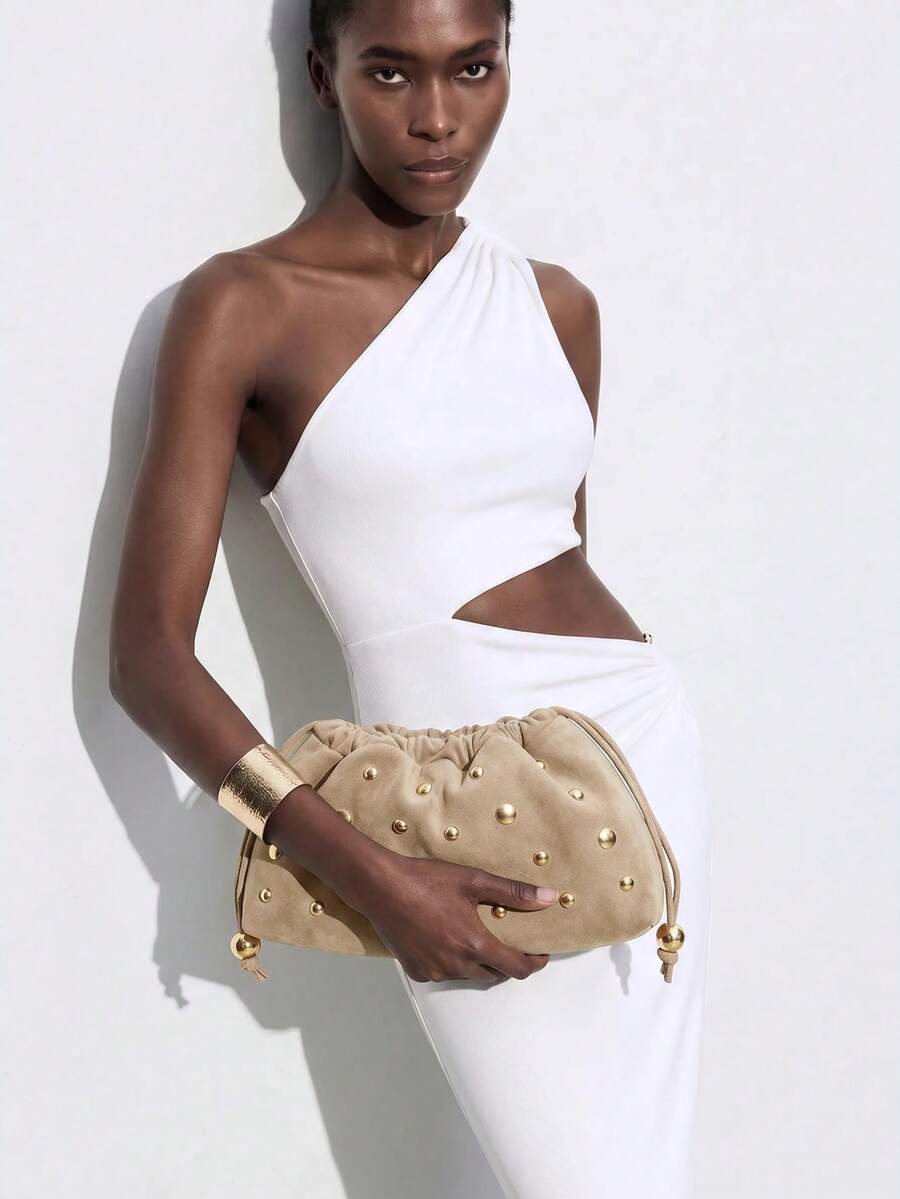 Maija Ladies Fashionable Elegant Simple Personalized Gold Rivet Khaki Suede Pumped Rope Clutch Bag, Daily Commuter Dating Party Afternoon Tea - Khaki - View 1