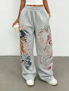 Rovax 女款新中式虎龍印花直筒寬鬆長款運動褲，新中式印花休閒四季褲，優雅舒適設計，休閒戶外運動褲，淺灰色休閒運動褲 - 淺灰色 - 查看 3