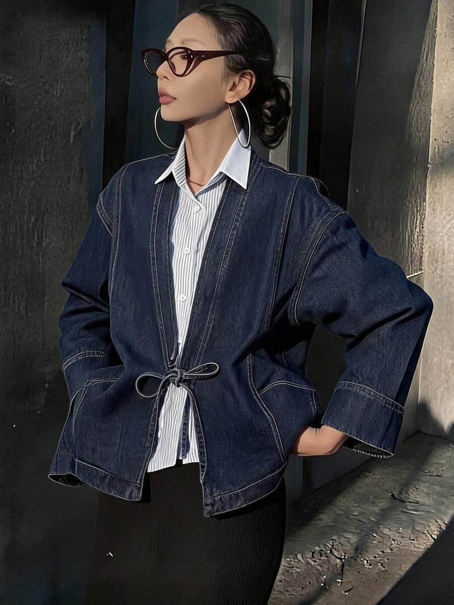DAZY Women's Collarless Long Sleeve Tie Waist Deep Blue Washed Denim Loose Silhouette Denim Jacket And Coat Fall - Blue - View 1