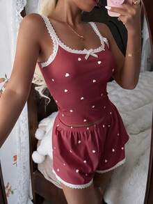 CottageSlumber Women's Pink Heart & Ribbed Lace Silk Camisole Shorts Pajama Set - Burgundy - View 4