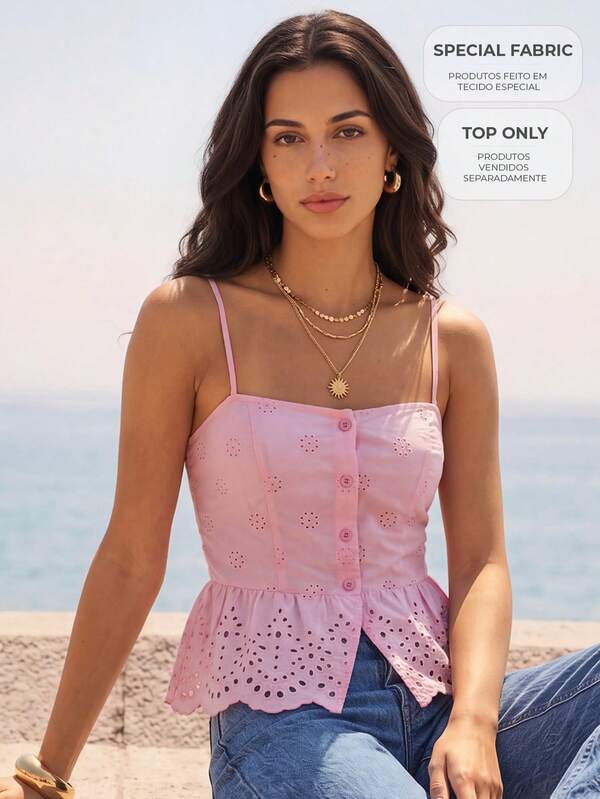 CAJUNI Camisole pour femmes douce de vacances avec boutons et broderie ajourée