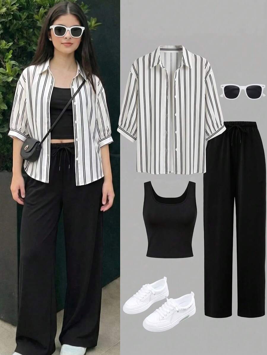 SHEIN 青少年女孩 3 件套上衣套裝 2024 夏季新款 優雅休閒 防曬西裝外套 寬腿褲 生日派對 瓶子女孩 白色 全黑