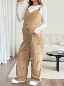 SHEIN Maternity Floral Pocket Design Casual Korsett Soft Form Overalls, Summer Family Vacation Formal - Apricot - View 3