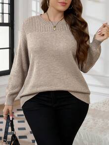 SHEIN LUNE 大码女式纯色圆领长袖休闲套头毛衣秋冬季 - 卡其色 - 查看 5