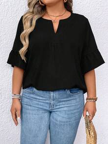 EMERY ROSE Plus Size Summer Solid Color Notched Collar Shirt With Ruffled Sleeves - Black - View 5