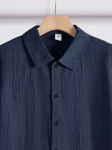 SHEIN Teen Boy Plain Single-Breasted Casual Versatile Daily Wear Shirt - Navy Blue - View 6