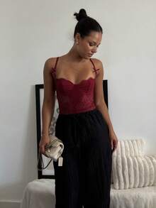 leahseptember Women's Lace & Mesh Patchwork Sexy Bodysuit Summer - Burgundy - View 4