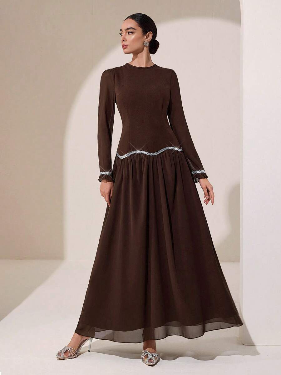 Graceveil Brown Round Neck Petal Sleeve Middle Eastern Gentle Style Sequin Wavy Hem Long Chiffon Dress - Coffee - View 1