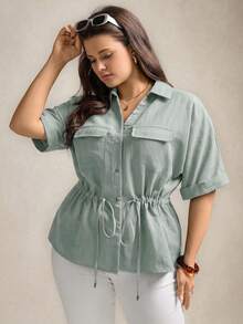 Comfylo Kemeja Wanita Ukuran Besar untuk Liburan Musim Panas, Kasual, Sehari-hari, Kerja, dan Perjalanan, Warna Polos, Saku Berpenutup, Pinggang Terikat, dan Serbaguna - Baby Blue - View 4