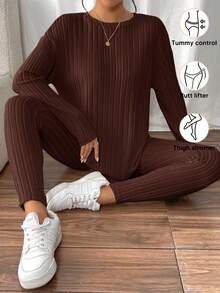 SHEIN Frenchy Drop Shoulder Ribbed Knit Tee & Leggings Textured Fabric Two Pieces - Coffee Brown - View 5