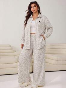 SHEIN EZwear 大尺碼女款豹紋馬術長袖上衣與長褲兩件套 - 彩色 - 查看 4