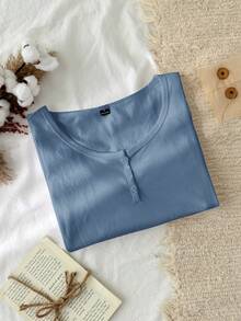 Tseoso 女款新款棉感霧藍色 95% 棉半鈕扣前襟 T-Shirt，四季百搭居家穿著 - 霧霾藍 - 查看 6