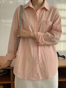 DAZY 女款素色單排扣休閒百搭日常外出襯衫 教師節早午餐 淡粉色 秋季 - 珊瑚粉 - 查看 7