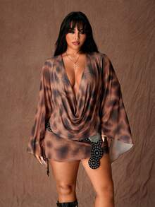Rustia Deep Draped Neck Leopard Print Mesh Bodycon Mini Dress With Flared Sleeves, Sexy Party Wear For Women Fall - Coffee Brown - View 1