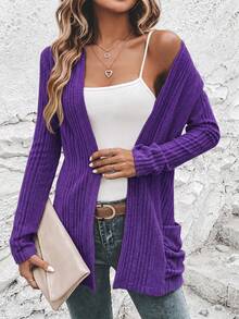 EMERY ROSE Casual Women's Ribbed Cardigan With Regular Fit & Open Front In Fall/Winter - Purple - View 4