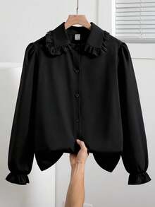 SHEIN Spring/Autumn New Peter Pan Collar Long Sleeve Loose Fit Black Blouse, Fall Tops, Sweet Versatile Fresh Preppy School Girl Style Top - Black - View 1