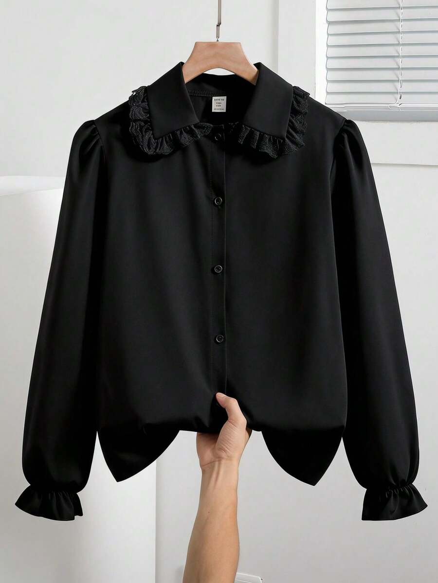 SHEIN Spring/Autumn New Peter Pan Collar Long Sleeve Loose Fit Black Blouse, Fall Tops, Sweet Versatile Fresh Preppy School Girl Style Top - Black - View 1