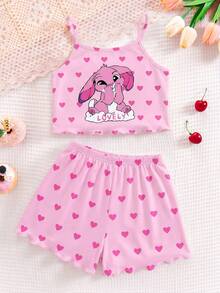[Random 1 Set ] Young Girls Summer Pink Fairy 2 Pieces Set, Family Matching, Holiday Rabbit & Heart Print Camisole & Ruffle Trim Shorts - Multicolor - View 3