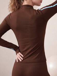 Easithlete Contrast Color Striped Slim Fit Sports Jacket - Coffee Brown - View 2