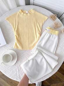  2pcs/Set Gray Knit Outfit, Ruched High Neck Fitted Top Paired With Wide Leg Pants, - Multicolor - View 3