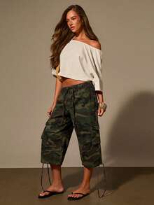 Athîral Denim Vintage Camouflage Cargo Pants, Summer Loose Wide Leg Capri Pants - Army Green - View 4