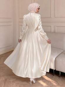 Celisse Vestido Feminino Premium com Textura de Cetim, Design de Laço Decorativo, Cintura Marcada, Elegante, Manga Longa, Casual para Trabalho e Passeio, Estilo Vintage Court para Festa e Encontros - Damasco - Visão 2