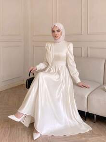 Celisse Vestido Feminino Premium com Textura de Cetim, Design de Laço Decorativo, Cintura Marcada, Elegante, Manga Longa, Casual para Trabalho e Passeio, Estilo Vintage Court para Festa e Encontros - Damasco - Visão 3