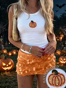 INAWLY Women's Halloween Pumpkin Beaded Tank Top - White - View 3